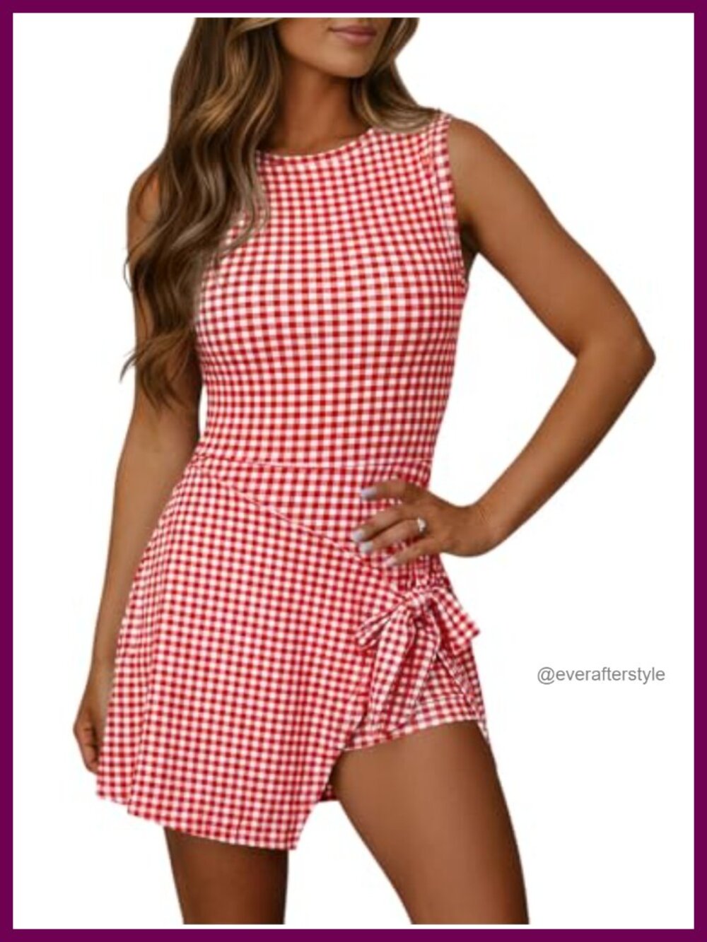 Womens Sleeveless Mini Dress Gingham Romper Skort Tank Dress Tie Waist
